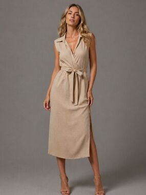 DKNY Sleeveless Taupe Wrap Midi Dress with Tie Waist